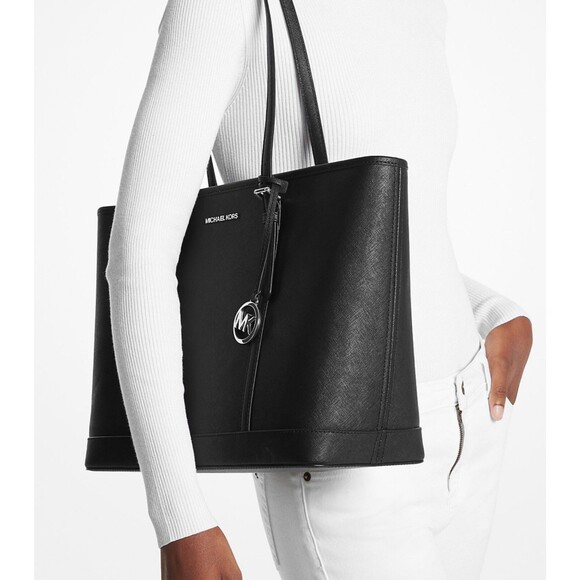 Michael Kors Black,  Logo ,Saffiano  Leather Jet Set Top Zip Tote , NWT - Picture 3 of 11